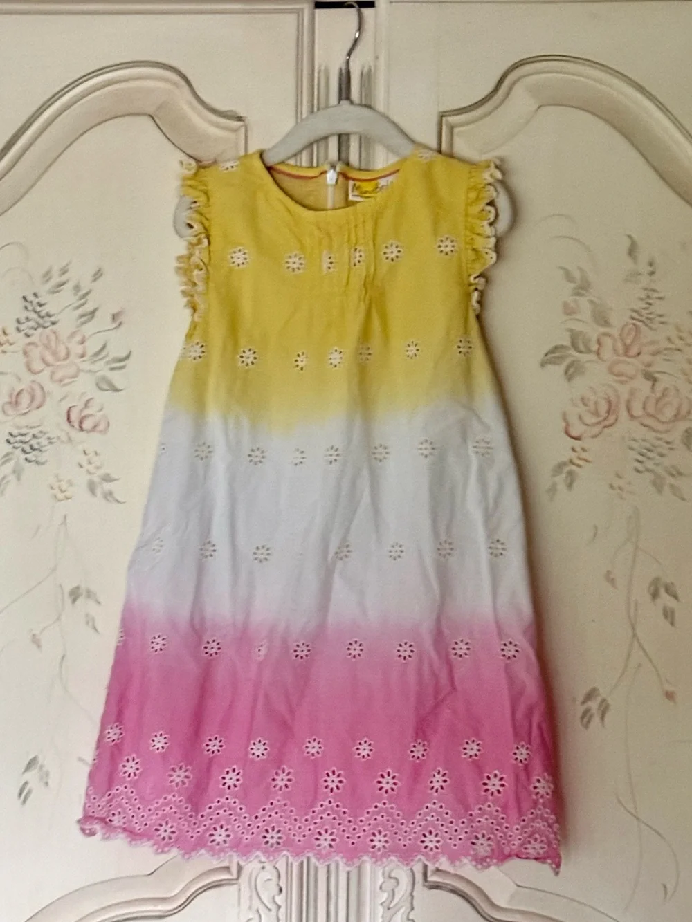 Mini Boden 6-7Y Broderie Lace Daffodil Yellow Pink Ombré Flutter Sleeve Dress